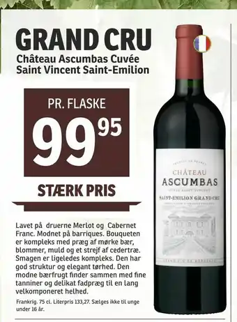SPAR Grand cru Château Ascumbas Cuvée Saint Vincent Saint-Emilion tilbud