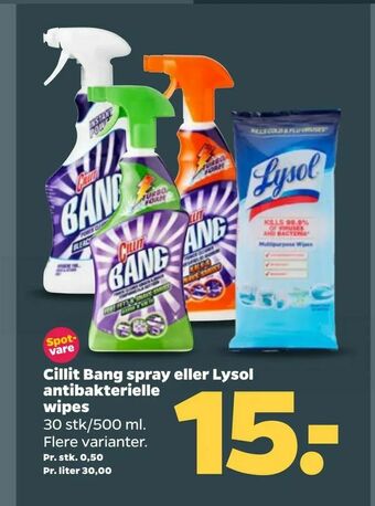 Cillit Bang spray eller Lysol antibakterielle wipes