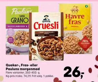 Kvickly Quaker-, Fras- eller Pauluns morgenmad tilbud