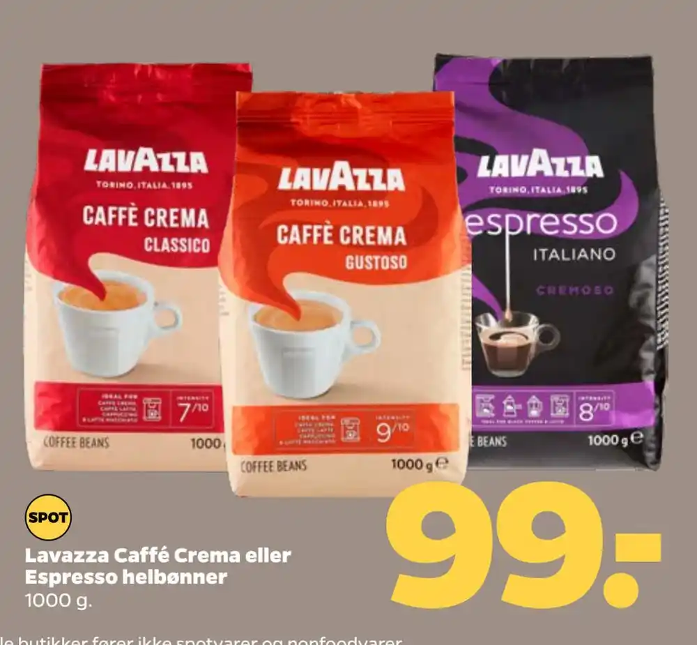 Lavazza Caffé Crema eller Espresso helbønner tilbud hos Netto