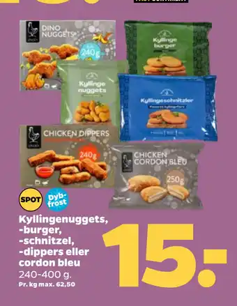 Kyllingenuggets, -burger, -schnitzel, -dippers eller cordon bleu