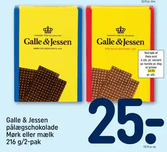 REMA 1000 Galle & Jessen pålægschokolade Mørk eller mælk 216 g/2-pak tilbud
