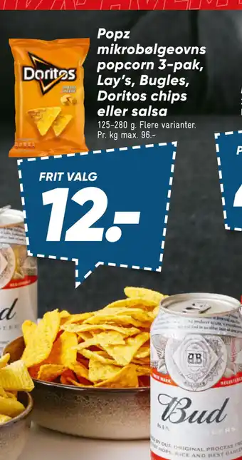 Bilka Popz mikrobølgeovns popcorn 3-pak, Lay’s, Bugles, Doritos chips eller salsa tilbud