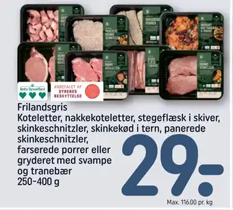 Frilandsgris Koteletter, nakkekoteletter, stegeflæsk i skiver, skinkeschnitzler, skinkekød i tern, panerede skinkeschnitzler,