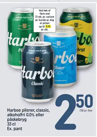 REMA 1000 Harboe pilsner, classic, alkoholfri 0.0% eller påskebryg 33 cl Ex. pant tilbud