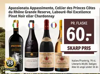 SPAR Apassionata Appassimento, Cellier des Princes Côtes du Rhône Grande Reserve, Labouré-Roi Excellence Pinot Noir eller Chardonn tilbud