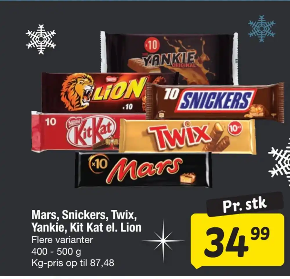 Mars, Snickers, Twix, Yankie, Kit Kat el. Lion tilbud hos Fakta Tyskland