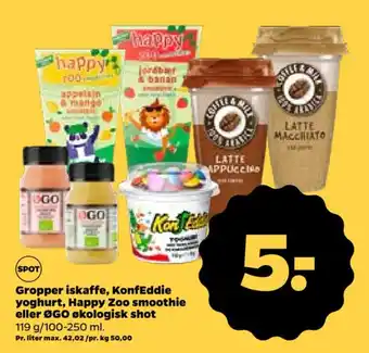Gropper iskaffe, KonfEddie yoghurt, Happy Zoo smoothie eller ØGO økologisk shot