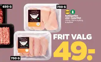 Netto Kyllingefilet eller -inderfilet 750 g. 100% kylling. tilbud