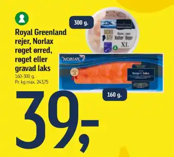 Føtex Royal Greenland rejer, Norlax røget ørred, røget eller gravad laks tilbud