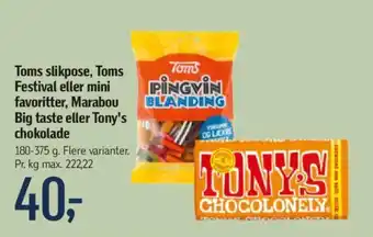 Føtex Toms slikpose, Toms Festival eller mini favoritter, Marabou Big taste eller Tony's chokolade tilbud