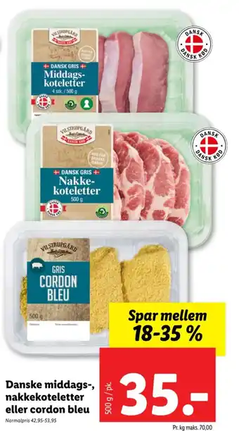 Lidl Danske middags-, nakkekoteletter eller cordon bleu tilbud