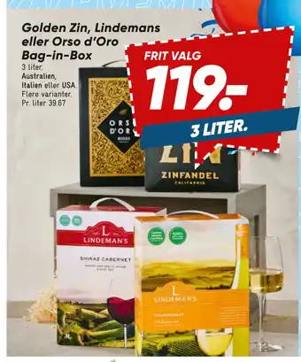 Bilka Golden Zin, Lindemans eller Orso d’Oro Bag-in-Box tilbud