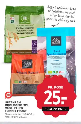 MENY URTEKRAM ØKOLOGISK MEL, MÜSLI ELLER TØRRET FRUGT tilbud