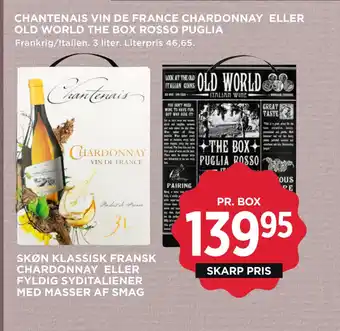 MENY CHANTENAIS VIN DE FRANCE CHARDONNAY ELLER OLD WORLD THE BOX ROSSO PUGLIA tilbud