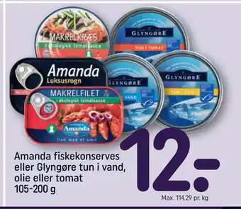 REMA 1000 Amanda fiskekonserves eller Glyngøre tun i vand, olie eller tomat 105-200 g tilbud