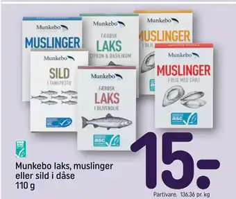 REMA 1000 Munkebo laks, muslinger eller sild i dåse 110 g tilbud