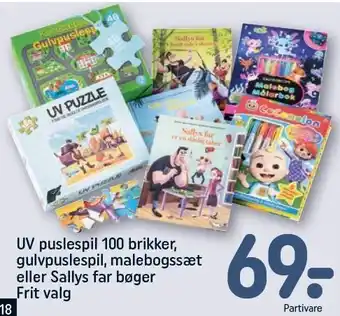 REMA 1000 UV puslespil 100 brikker, gulvpuslespil, malebogssæt eller Sallys far bøger tilbud