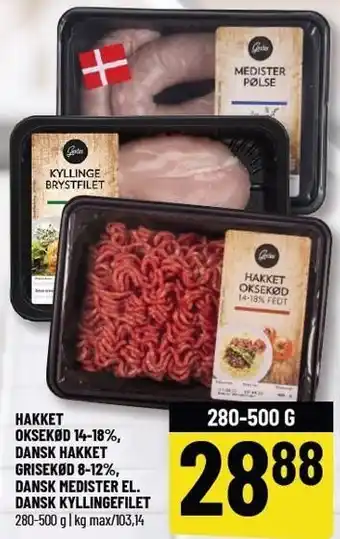 Løvbjerg HAKKET OKSEKØD 14-18%, DANSK HAKKET GRISEKØD 8-12%, DANSK MEDISTER EL. DANSK KYLLINGEFILET tilbud