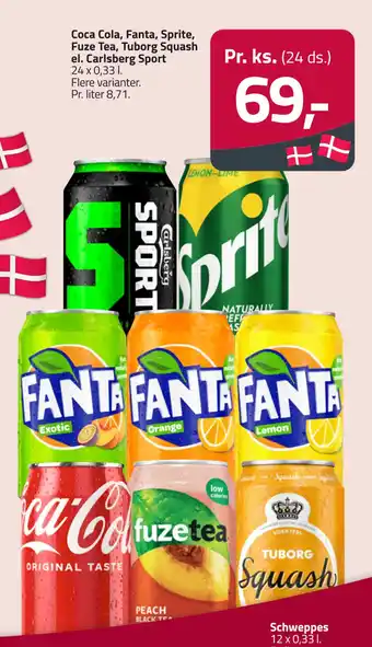 Fleggaard Coca Cola, Fanta, Sprite, Fuze Tea, Tuborg Squash el. Carlsberg Sport tilbud