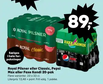 SuperBrugsen Royal Pilsner eller Classic, Pepsi Max eller Faxe Kondi 20 pak tilbud