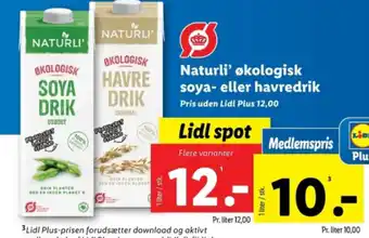 Lidl Naturli' økologisk soya- eller havredrik tilbud
