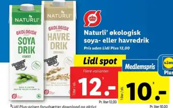 Lidl Naturli' økologisk soya- eller havredrik tilbud