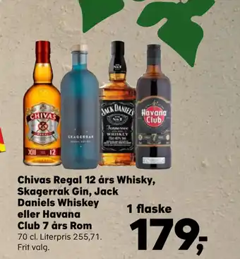 Kvickly Chivas Regal 12 års Whisky, Skagerrak Gin, Jack Daniels Whiskey eller Havana Club 7 års Rom tilbud
