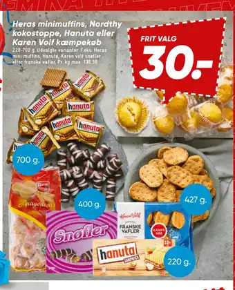 Bilka Heras minimuffins, Nordthy kokostoppe, Hanuta eller Karen Volf kæmpekøb tilbud