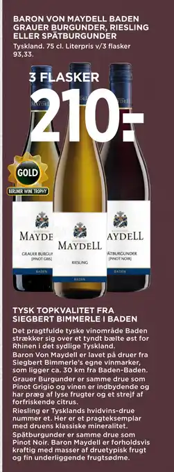 MENY BARON VON MAYDELL BADEN GRAUER BURGUNDER, RIESLING ELLER SPÄTBURGUNDER tilbud