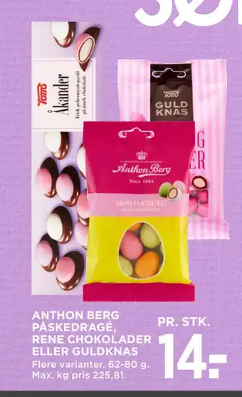 MENY ANTHON BERG PÅSKEDRAGÉ, RENE CHOKOLADER ELLER GULDKNAS tilbud