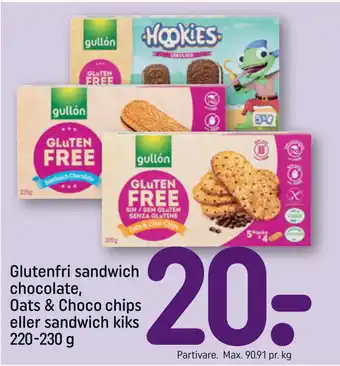 Glutenfri sandwich chocolate, Oats & Choco chips eller sandwich kiks 220-230 g