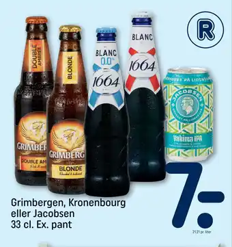 REMA 1000 Grimbergen, Kronenbourg eller Jacobsen 33 cl. Ex. pant tilbud