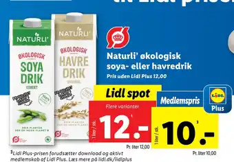 Lidl Naturli’ økologisk soya- eller havredrik tilbud
