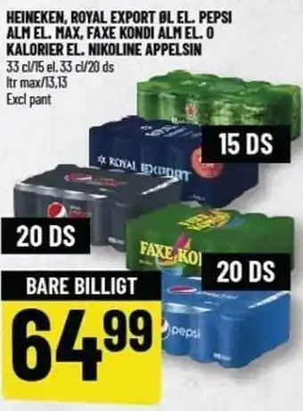 Løvbjerg Heineken, Royal Export ØL El. Pepsi Alm El. Max, Faxe Kondi Alm El. 0 Kalorier El. Nikoline Appelsin tilbud
