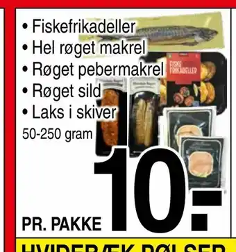 ABC Lavpris Fiskefrikadeller • Hel røget makrel • Røget pebermakrel • Røget sild • Laks i skiver tilbud