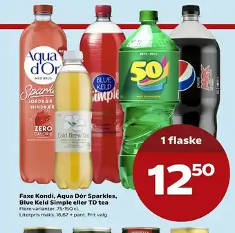 SuperBrugsen Faxe Kondi, Aqua Dór Sparkles, Blue Keld Simple eller TD tea tilbud