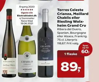 Torres Celeste Crianza, Moillard Chablis eller Riesling Wolx heim Grand Cru