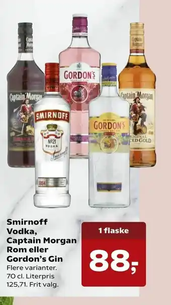 Kvickly Smirnoff Vodka, Captain Morgan Rom eller Gordon's Gin tilbud