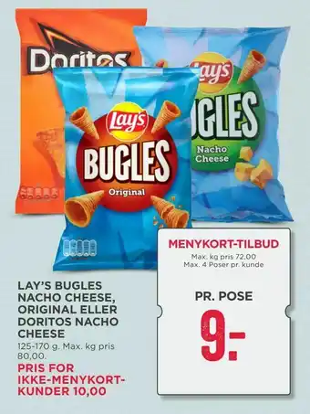 MENY Lay's bugles nacho cheese, original eller doritos nacho cheese tilbud