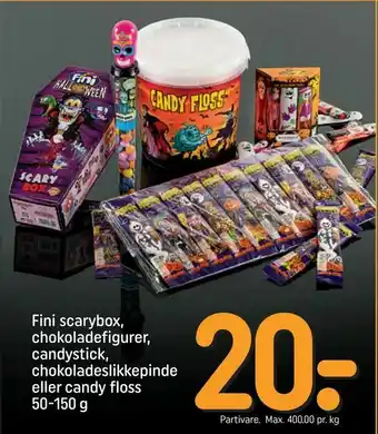 Fini scarybox, chokoladefigurer, candystick, chokoladeslikkepinde eller candy floss