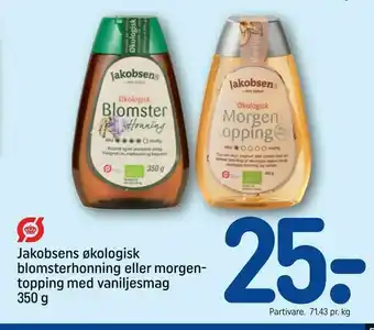 REMA 1000 Jakobsens økologisk blomsterhonning eller morgen topping med vaniljesmag tilbud