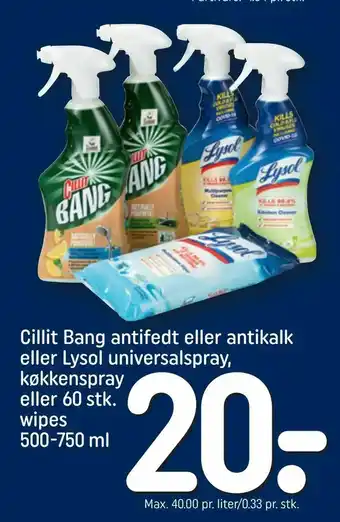 REMA 1000 Cillit Bang antifedt eller antikalk eller Lysol universalspray, køkkenspray eller 60 stk. wipes tilbud