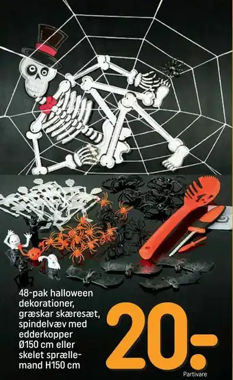 REMA 1000 48-pak halloween dekorationer, græskar skæresæt, spindelvæv med edderkopper Ø150 cm eller skelet sprælle mand H150 cm tilbud