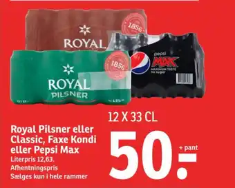 SPAR Royal Pilsner eller Classic, Faxe Kondi eller Pepsi Max tilbud