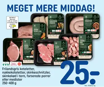 Frilandsgris koteletter, nakkekoteletter, skinkeschnitzler, skinkekød i tern, farserede porrer eller medister