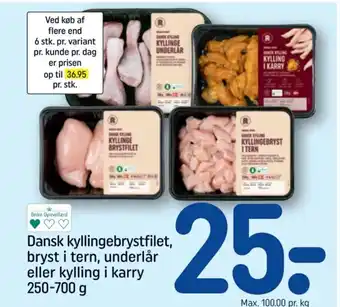 REMA 1000 Dansk kyllingebrystfilet, bryst i tern, underlår eller kylling i karry 250-700 g tilbud