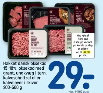 REMA 1000 Hakket dansk oksekød 15-18%, oksekød med grønt, ungkvæg i tern, kalveschnitzel eller kalvelever i skiver 200-500 g tilbud