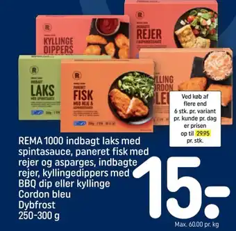 REMA 1000 REMA 1000 indbagt laks med spintasauce, paneret fisk med rejer og asparges, tilbud