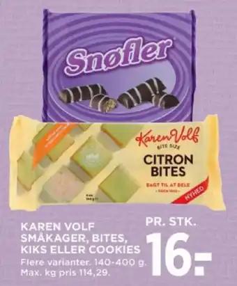MENY KAREN VOLF SMÅKAGER, BITES, KIKS ELLER COOKIES tilbud